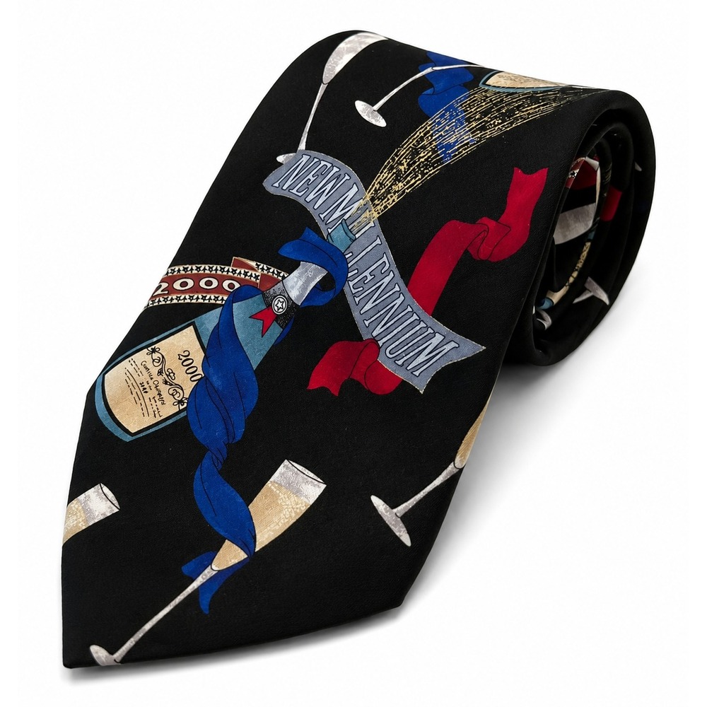 New Millennium Mens Classic Neck Tie 2000 Happy New Year Party Black 100% Silk